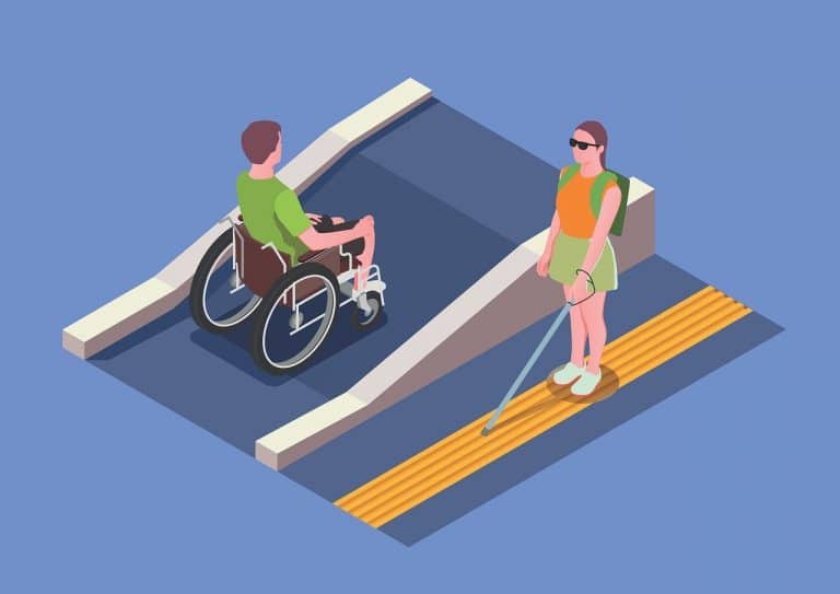 Un hombre sube una rampa en silla de ruedas y una mujer invidente sigue una senda marcada en relieve