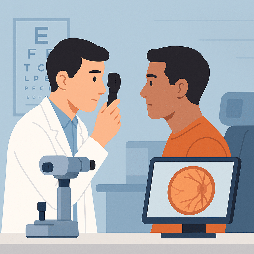 Oftalmólogo realizando una revisión ocular a un paciente con miopía magna.