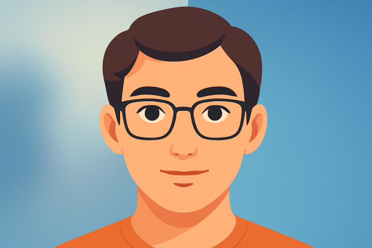 Persona con gafas para miopía magna pasando de visión borrosa a visión nítida.