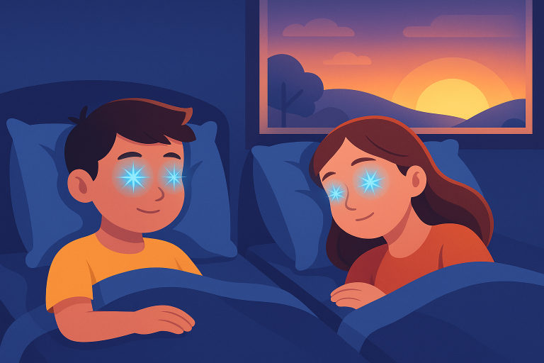 Niño y adolescente durmiendo con efecto visual en los ojos y amanecer al fondo.