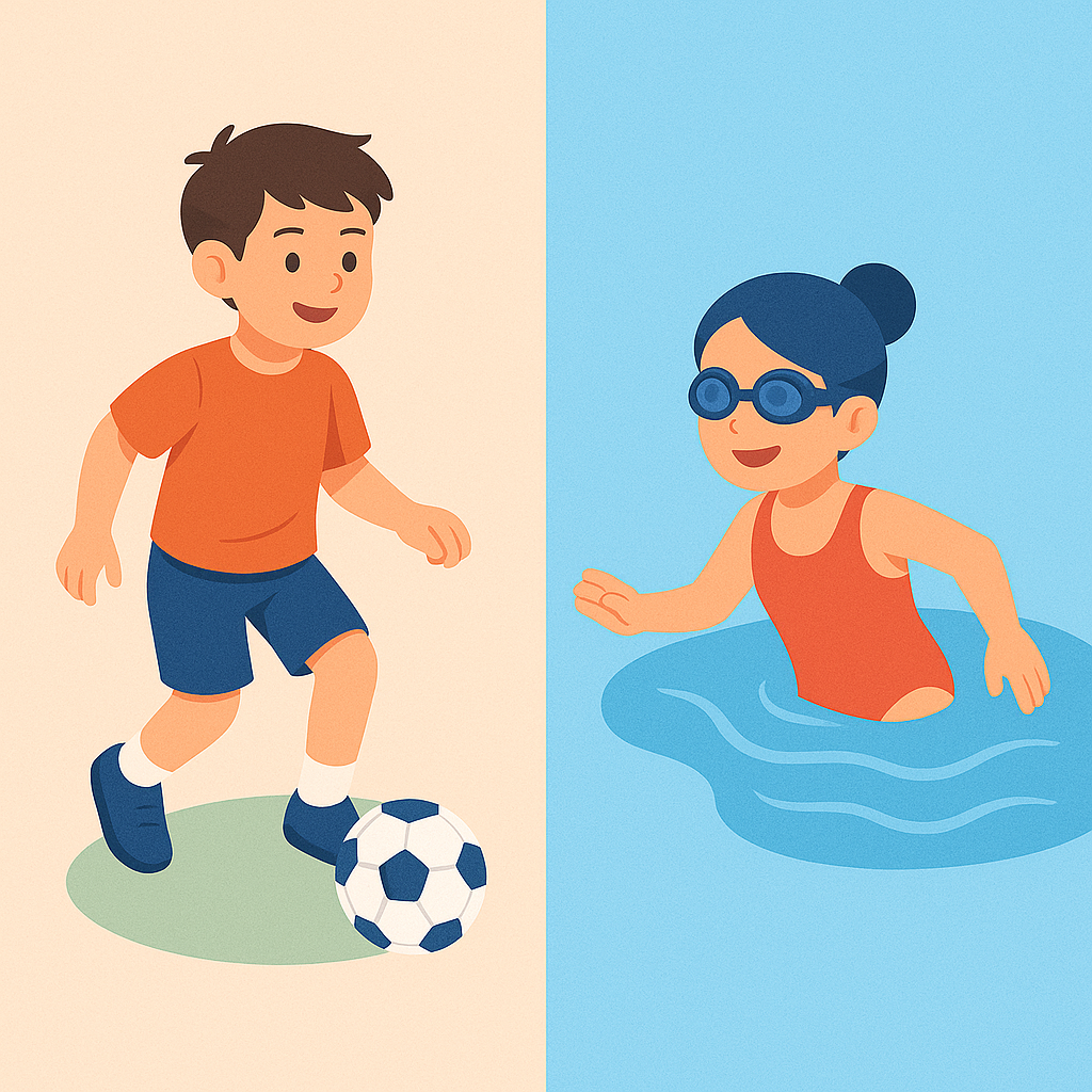 Niño jugando al fútbol y niña nadando sin gafas gracias a la Orto-K.