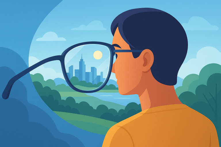 Persona con lentes modernos observa un paisaje claro y definido.