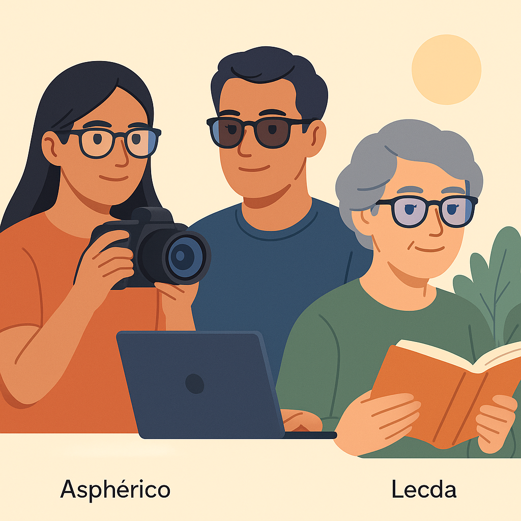 Personas diversas usando lentes adaptados a diferentes actividades.