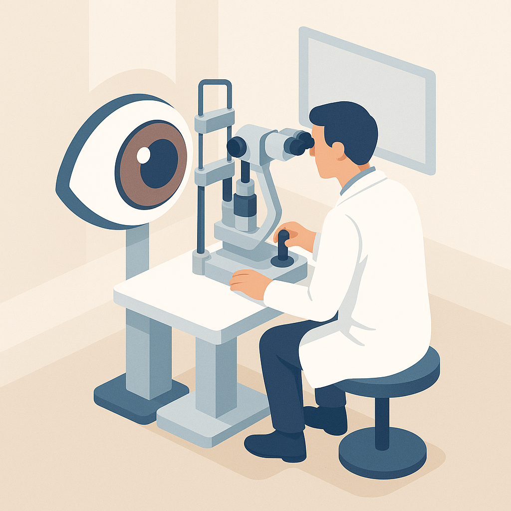 Ilustración de un oftalmólogo examinando un ojo con tecnología avanzada.