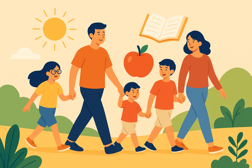 Familia al aire libre fomentando hábitos saludables y prevención visual.