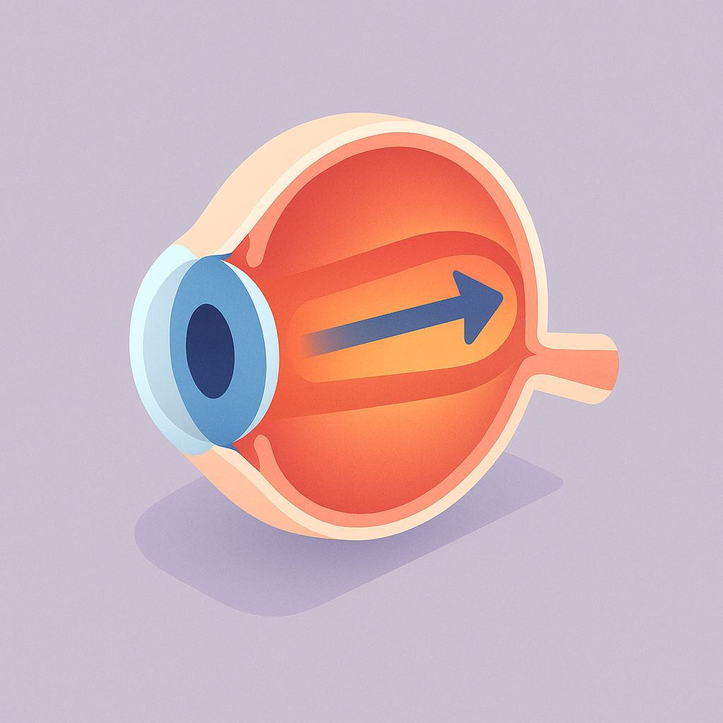 Ilustración isométrica de un ojo infantil con eje axial alargado.