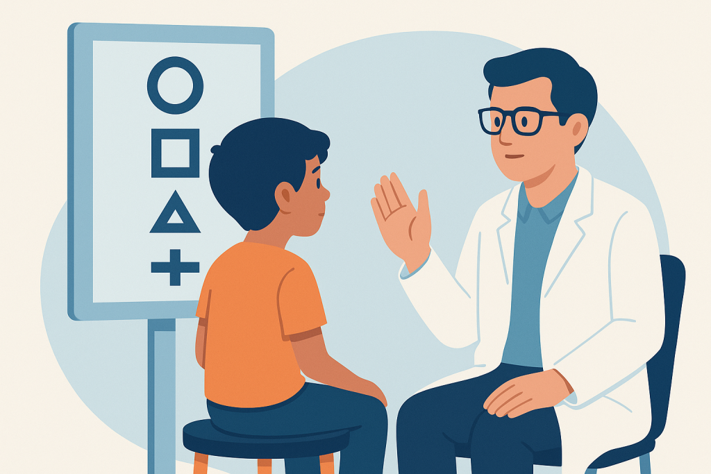 Niño en revisión ocular con optotipo y especialista observando.