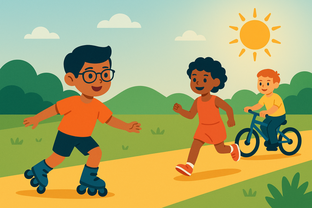 Niños jugando al aire libre bajo la luz solar con gafas.