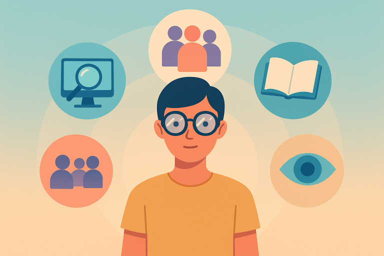 Persona con gafas rodeada de símbolos de tecnología, apoyo social y salud ocular.