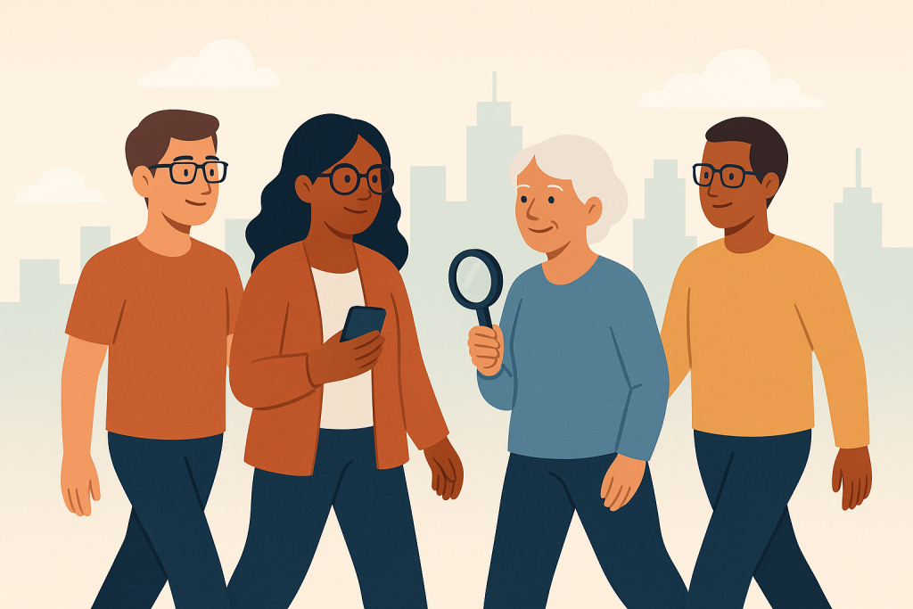Grupo diverso de personas con ayudas visuales avanzando juntas con confianza.