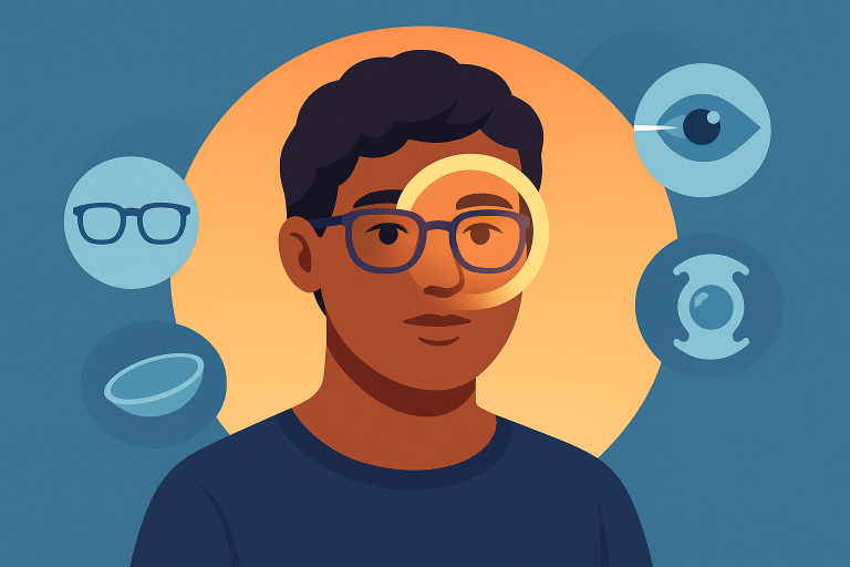 Persona con símbolos de gafas, lentes y cirugía ocular representando opciones de corrección visual.