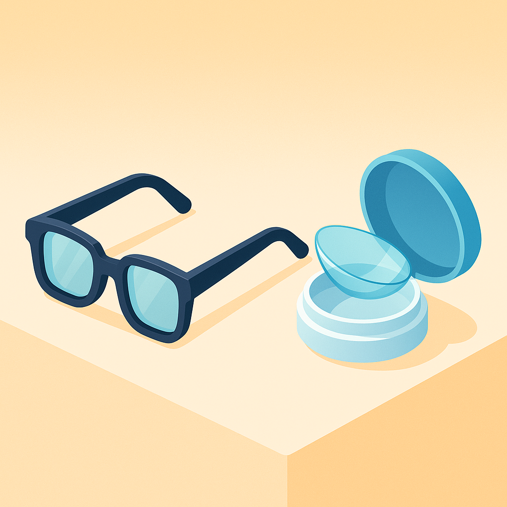 Gafas de lentes gruesas junto a una lente de contacto en su estuche.