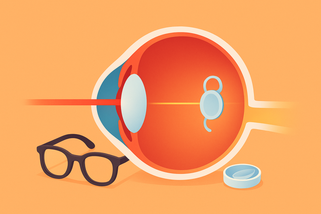 Corte transversal de un ojo con rayo láser y lente intraocular en implantación.