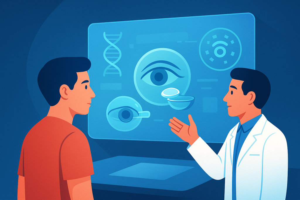 Paciente y médico observando holograma con innovaciones en corrección visual.