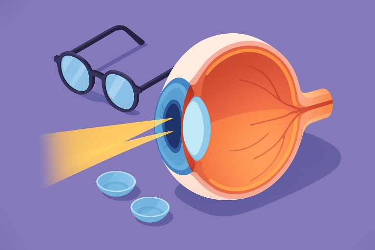 Ilustración de un ojo alargado con gafas y rayos de luz desenfocados.