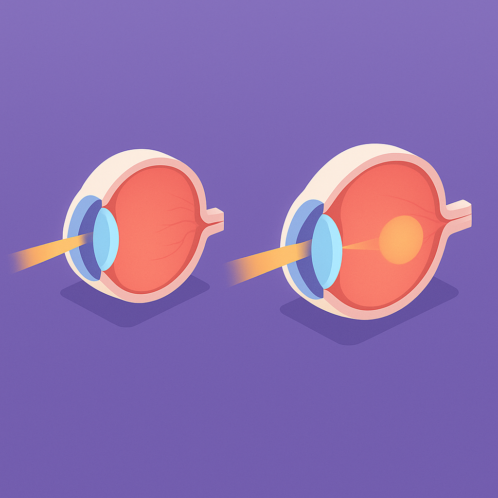 Ojo normal y ojo con miopía magna mostrando diferencias en el enfoque.