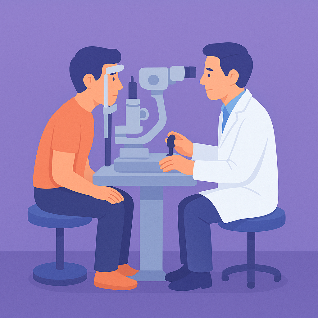 Paciente en revisión oftalmológica con especialista usando equipo médico.